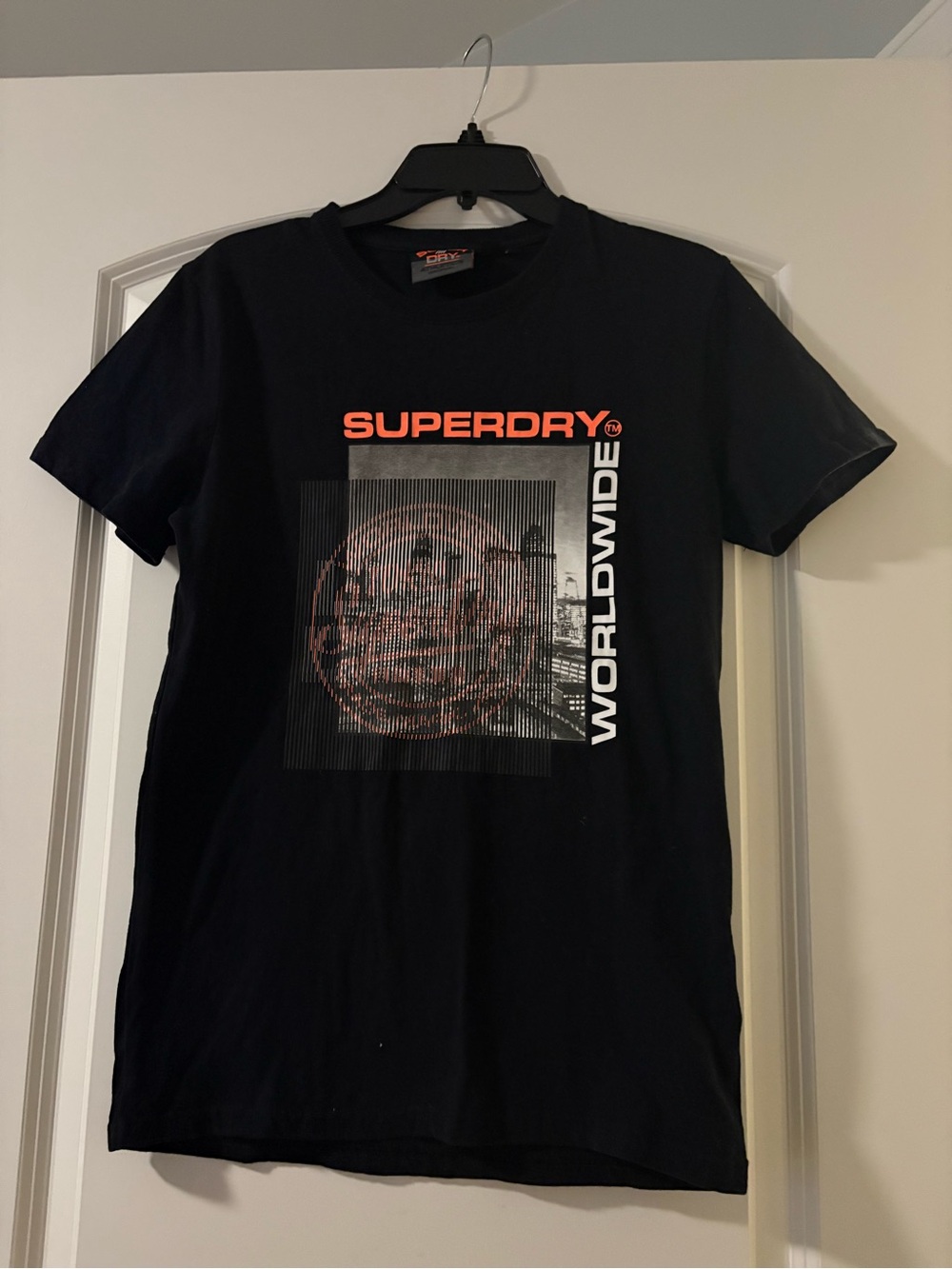 Superdry Black Graphic 'Worldwide' Logo Tee with Orange Accent
